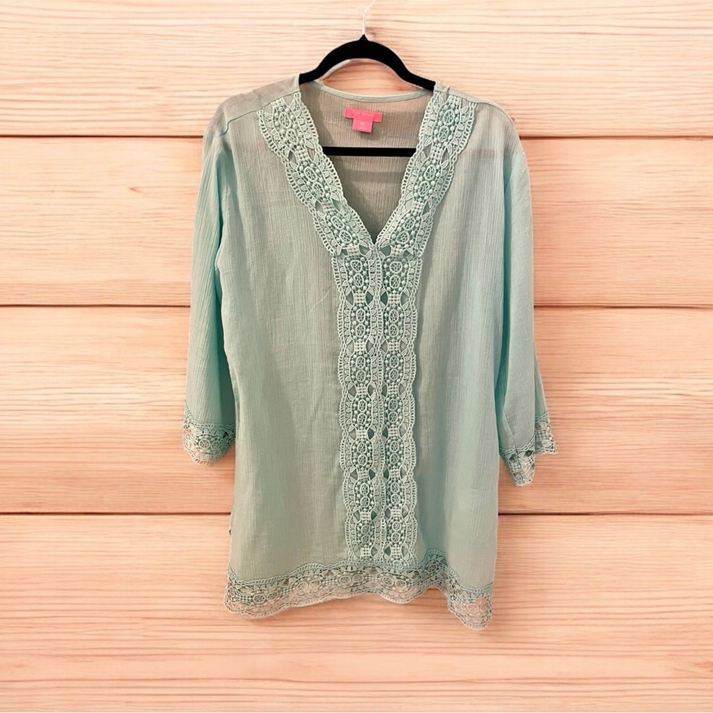 Sheer Top, Isaac Mizrahi,Size M, Light Green, Long Sleeves, Lace Front, …